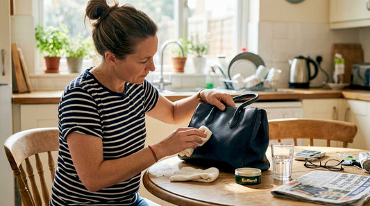 Woman caring for luxury bag at kitchen table