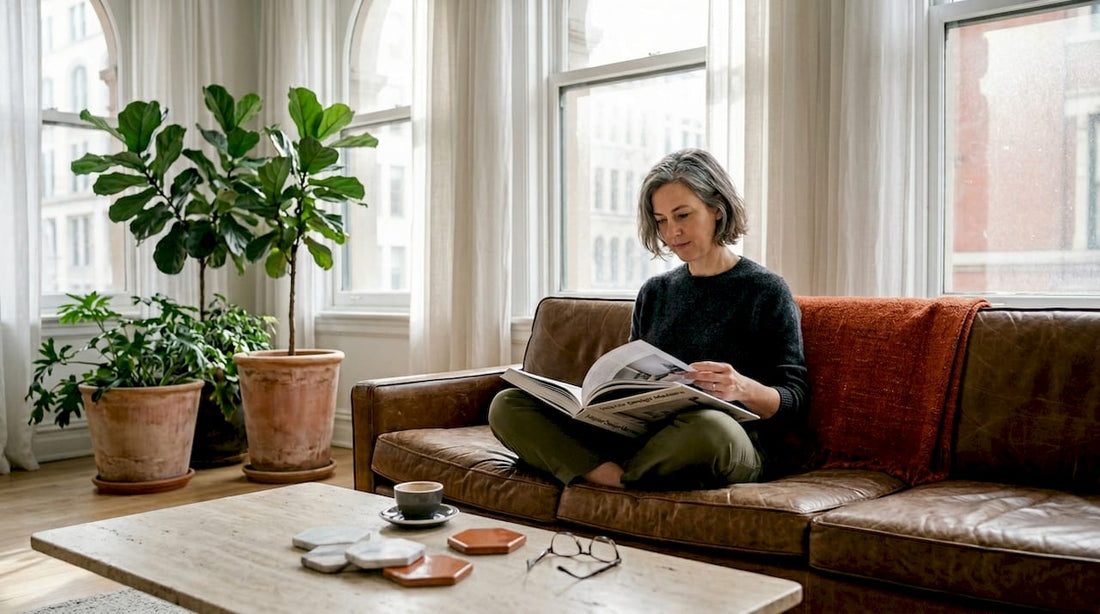 Woman reading interior design book in Italian living room