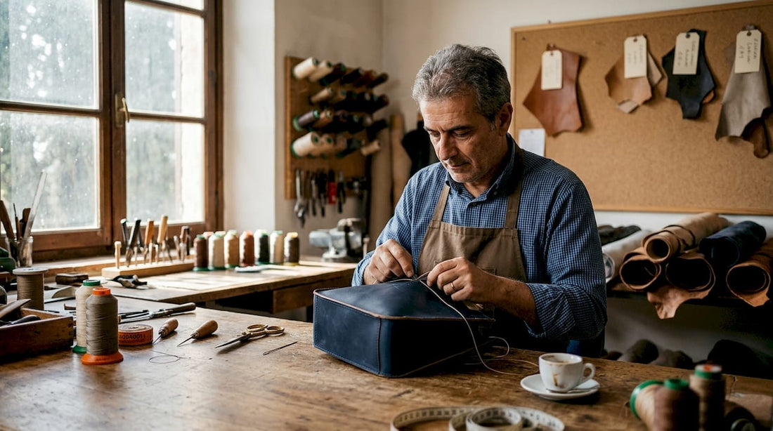 Artisan crafting navy blue leather handbag