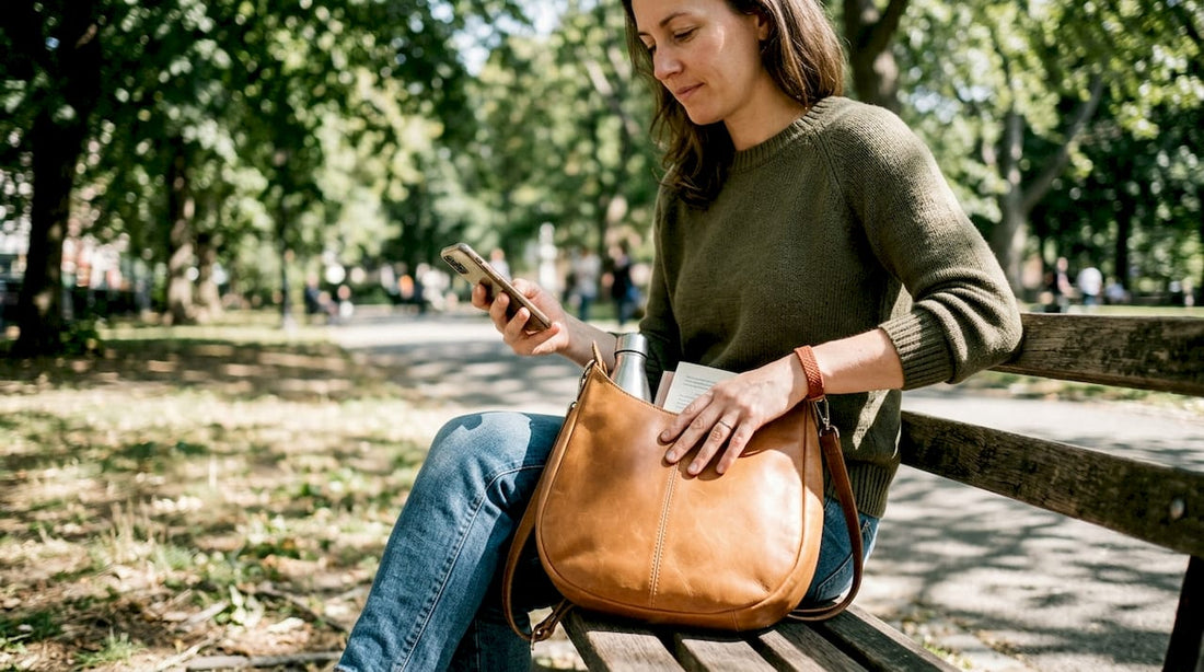 Woman with artisanal hobo backpack purse in park