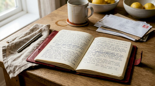 Red Italian leather journal open on kitchen table