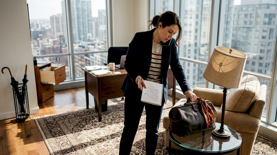 Woman with leather doctor’s bag in sunlit office
