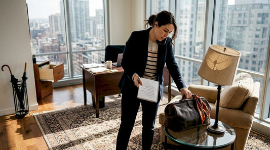 Woman with leather doctor’s bag in sunlit office