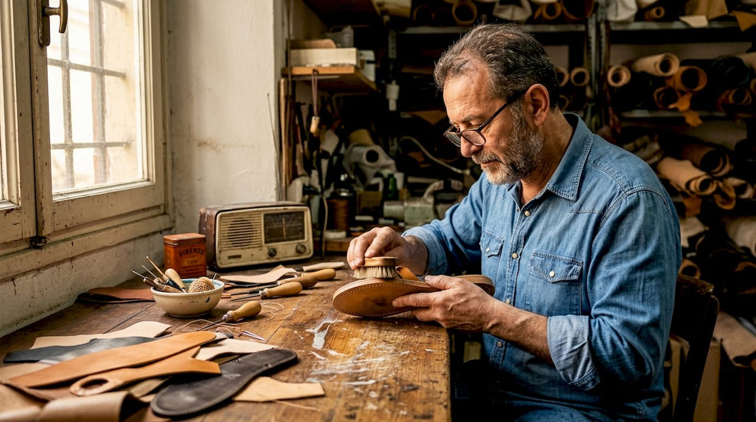 Italian craftsman inspecting leather flip flop