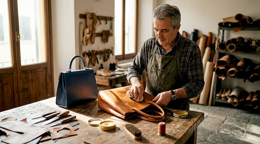 Italian and French leather bags on craftsman workbench
