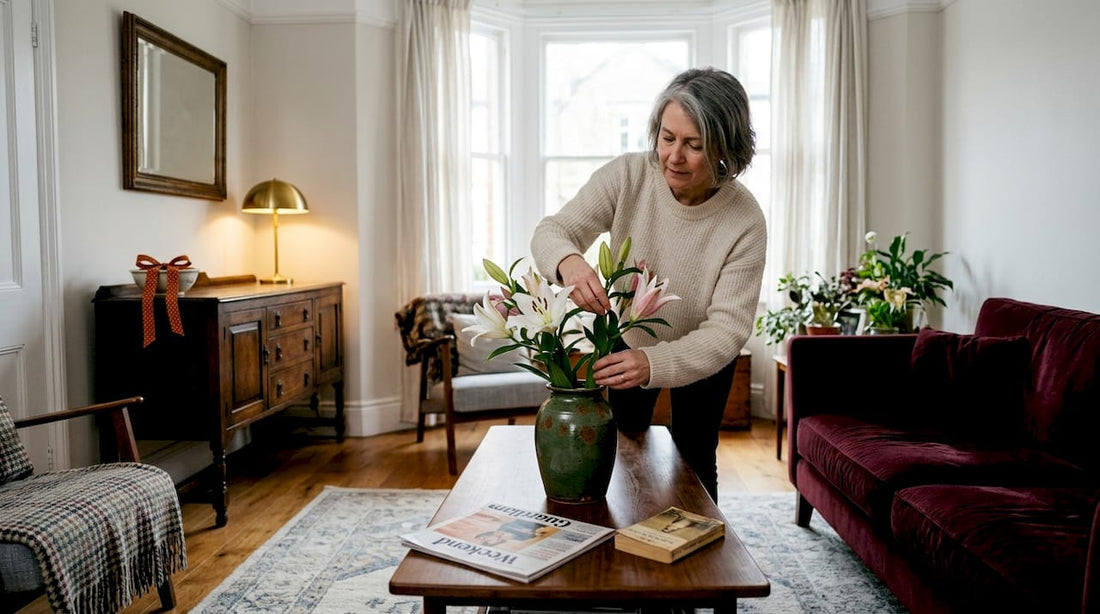 Woman arranging vase in elegant luxury living room
