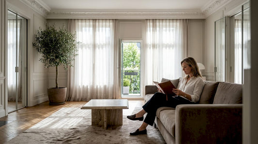 Designer reviewing sketches in luxury living room