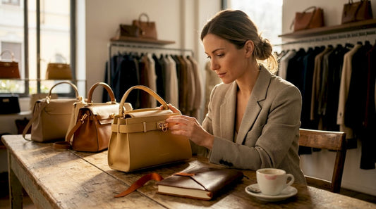 Fashion buyer examining Italian leather handbags