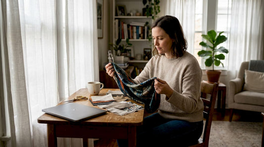 Woman examining silk scarf at home desk