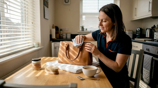 Woman cleaning a leather bag at home table