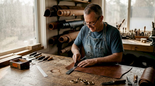Leather artisan working at sunlit bench