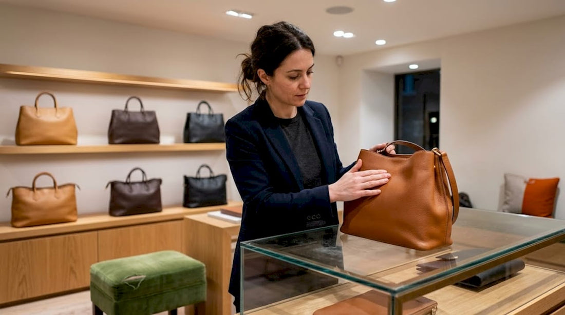 Retail associate examines luxury handbag material