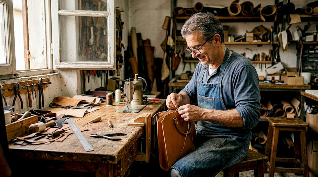 Italian craftsman stitching luxury handbag