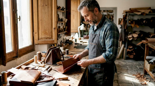 Artisan inspecting leather in Italian workshop