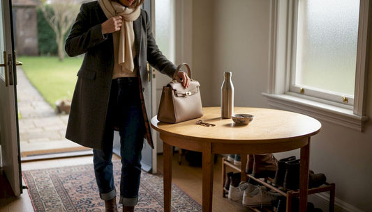Woman sets ethical leather bag on entryway table