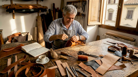 Italian artisan hand-stitching luxury leather bag