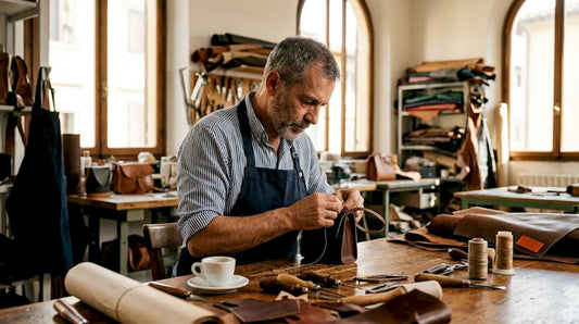 Italian artisan making leather handbag in workshop