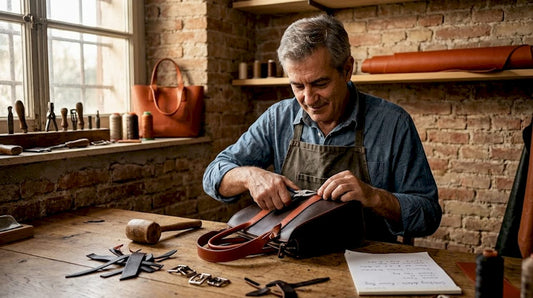 Artisan inspecting handmade luxury handbag