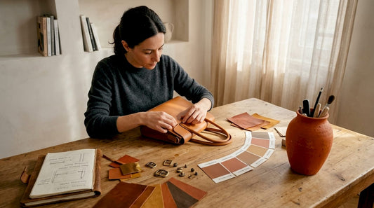 Designer examining Italian leather handbag at studio table