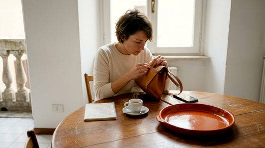 Woman examining Italian leather handbag at kitchen table