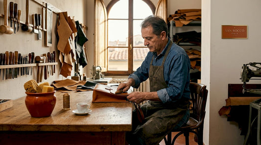 Italian leatherworker crafting bag in sunlight-filled studio