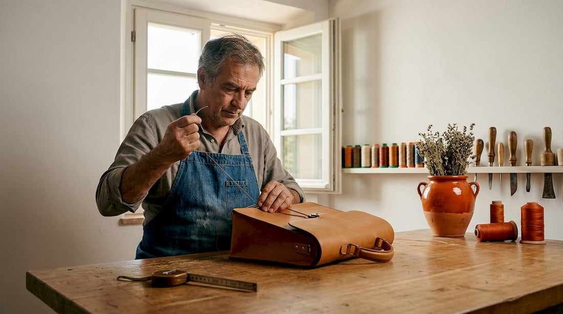 Artisan hand-stitching leather bag in workshop
