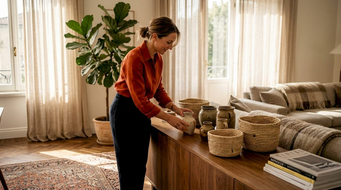 Woman arranging handcrafted décor in sunny living room
