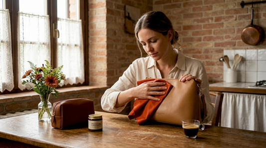 Woman cleaning luxury leather handbag at home