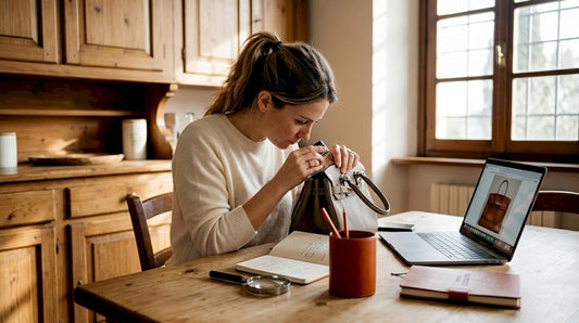 Woman inspecting luxury handbag for authenticity