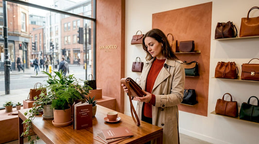 Shopper comparing designer and artisanal handbags