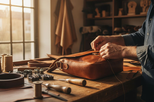 Hands sewing a tan leather bag at a wooden workbench with sewing tools.