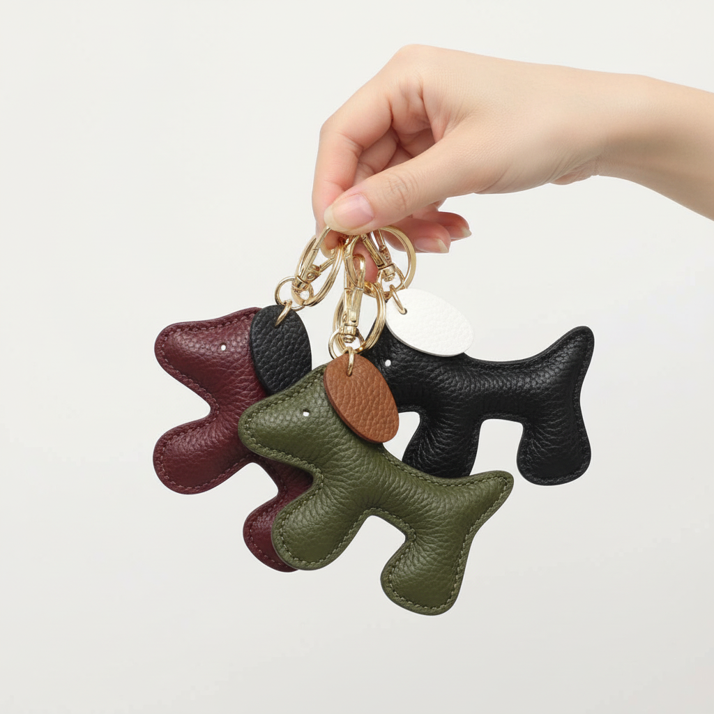 Hand holding a set of dog shaped leather keychains in burgundy olive green brown and black with gold rings.