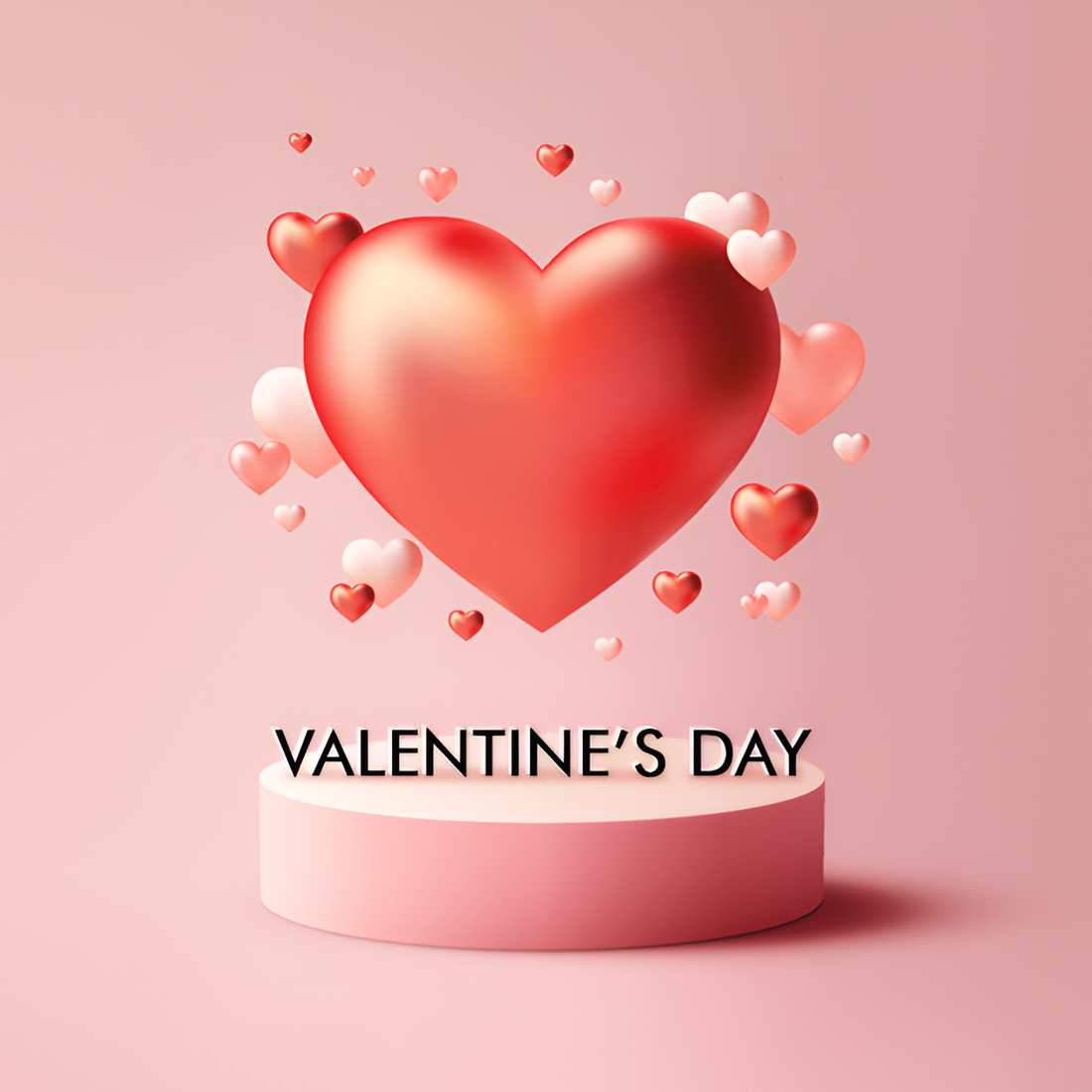 Giant red heart surrounded by smaller hearts above a pink pedestal against a soft pink background for Valentine's Day.