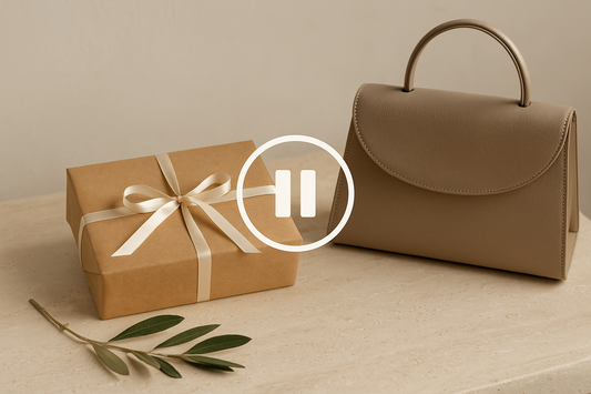 Editorial still life of a kraft parcel tied with cream ribbon, a sprig of olive leaves, and an elegant Italian leather handbag on a travertine table, with a subtle pause symbol overlay representing the temporary suspension of US deliveries.