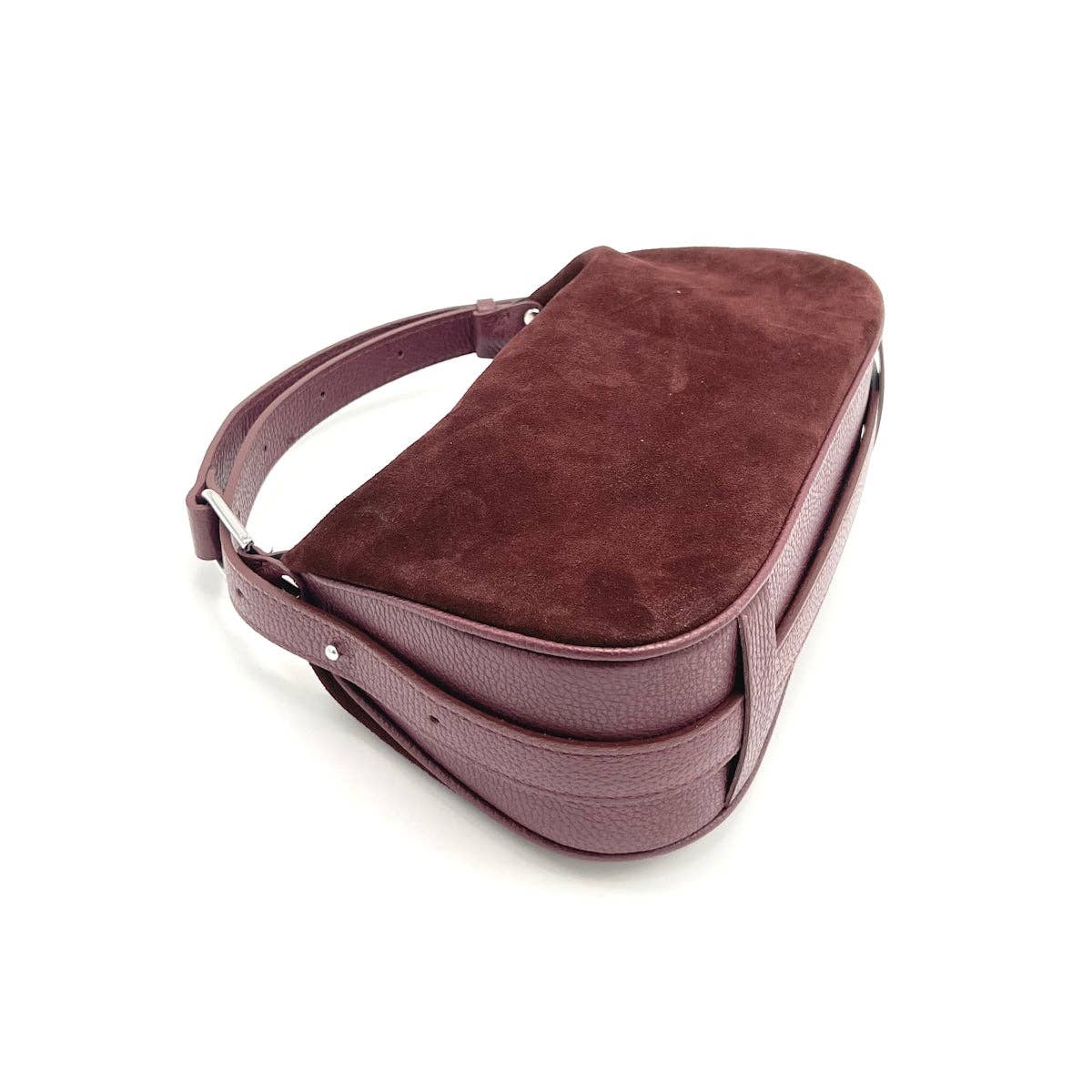 Side and base view of Montepulciano Bordeaux suede leather handbag