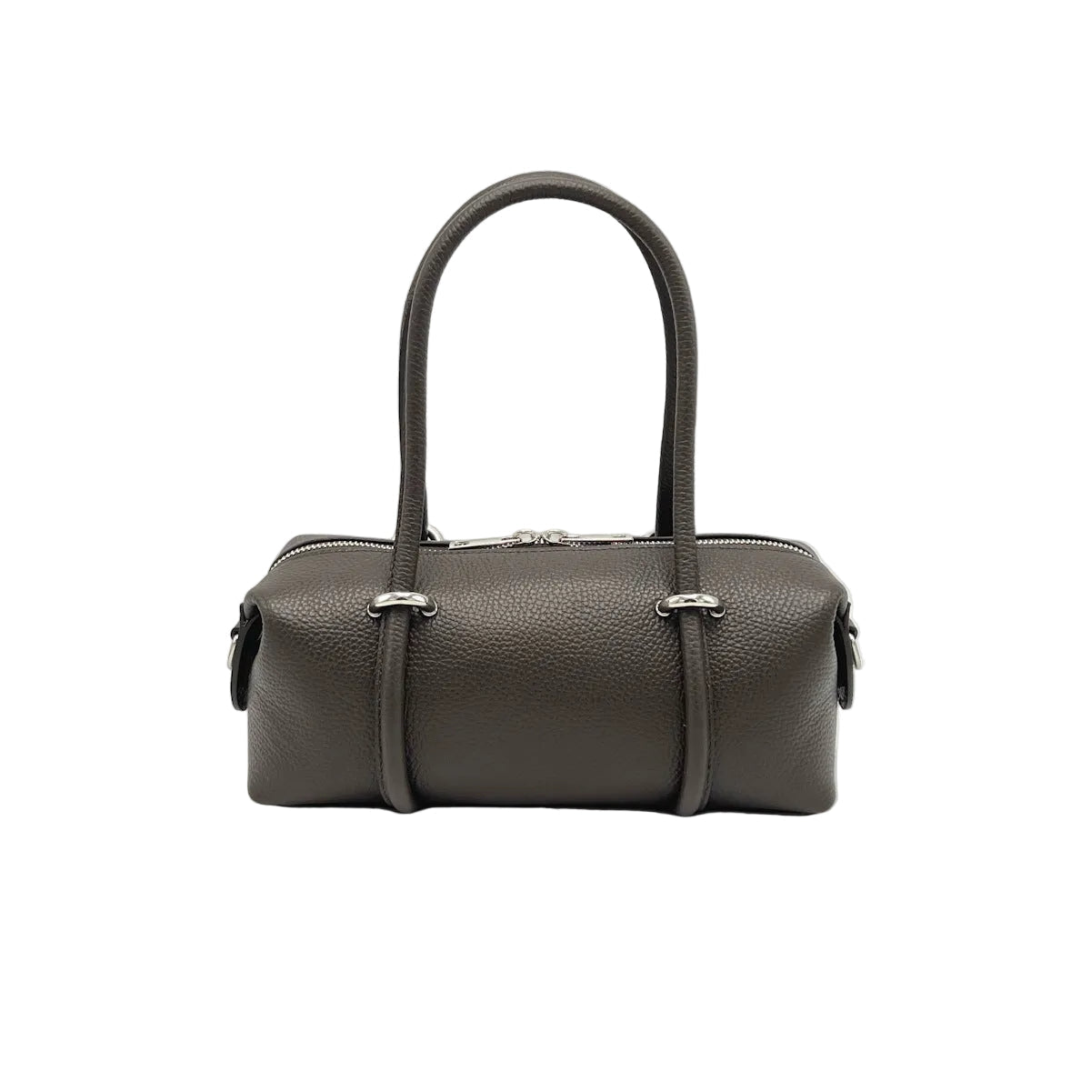 Dark brown handbag with a handle on a white background