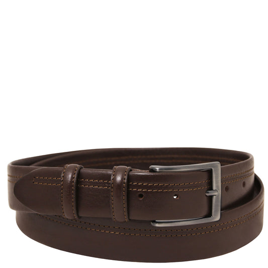 Brown leather belt with a silver buckle on a white background
