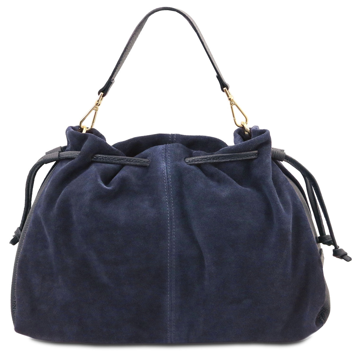 A navy blue suede drawstring bag with a single shoulder strap and gold-tone hardware, shown against a plain white background.