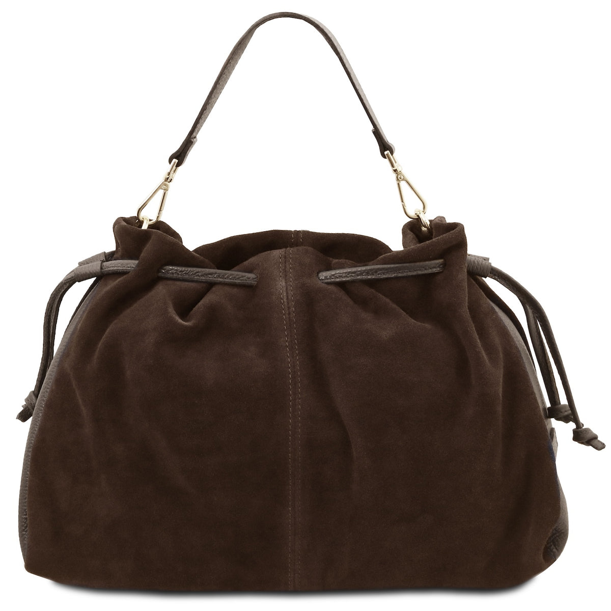 A dark brown suede drawstring bag with a single shoulder strap and gold-tone hardware, shown against a plain white background.