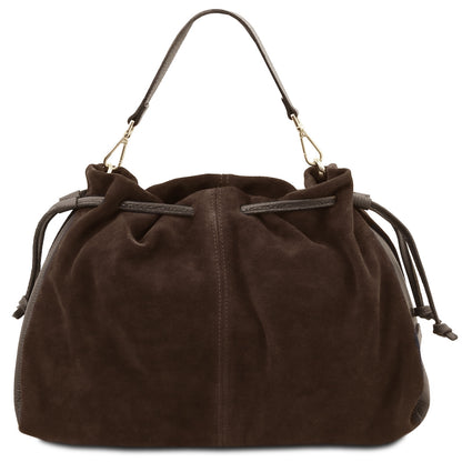 A dark brown suede drawstring bag with a single shoulder strap and gold-tone hardware, shown against a plain white background.
