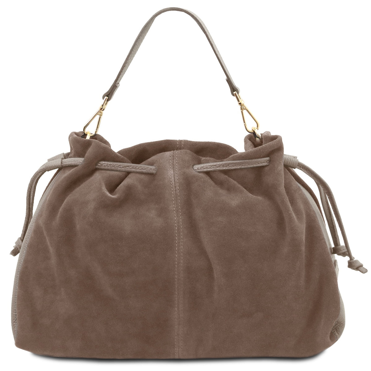 A taupe brown suede drawstring bag with a single shoulder strap and gold-tone hardware, shown against a plain white background.