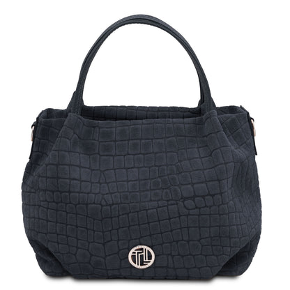 Nora Cocoon - Suede leather handbag with croc print