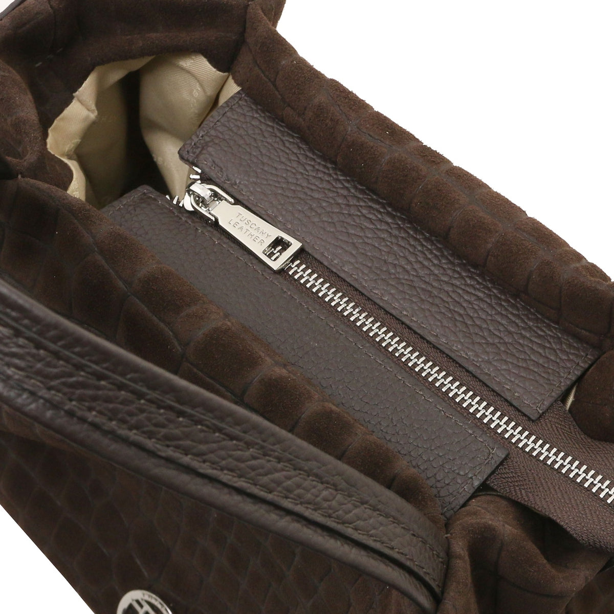 Nora Cocoon - Suede leather handbag with croc print