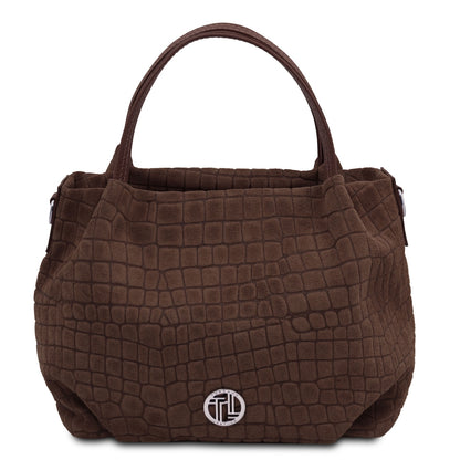 Nora Cocoon - Suede leather handbag with croc print