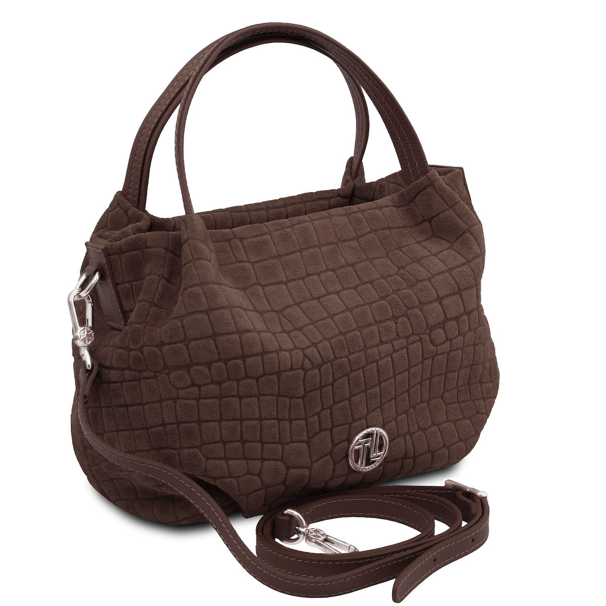 Nora Cocoon - Suede leather handbag with croc print