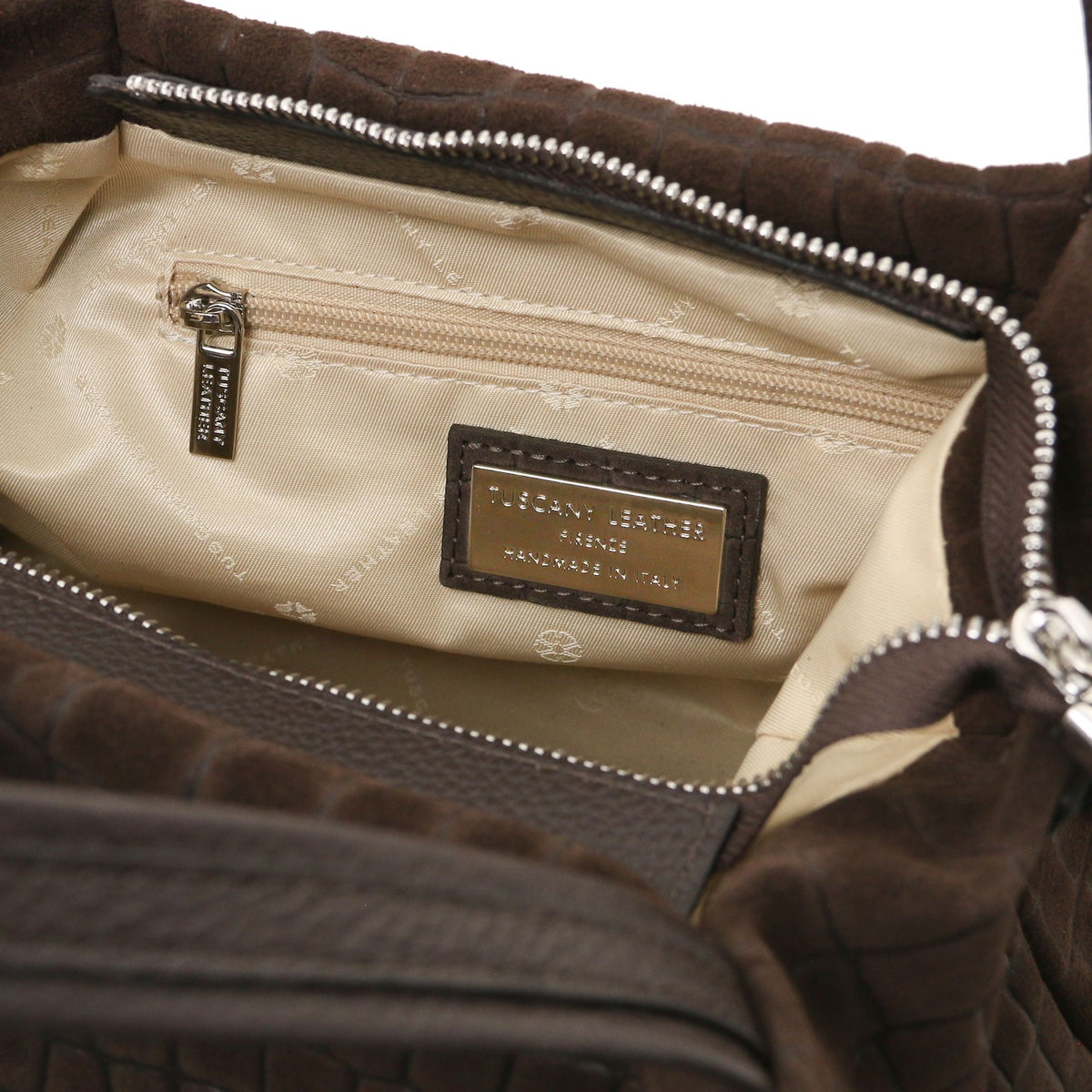 Nora Cocoon - Suede leather handbag with croc print