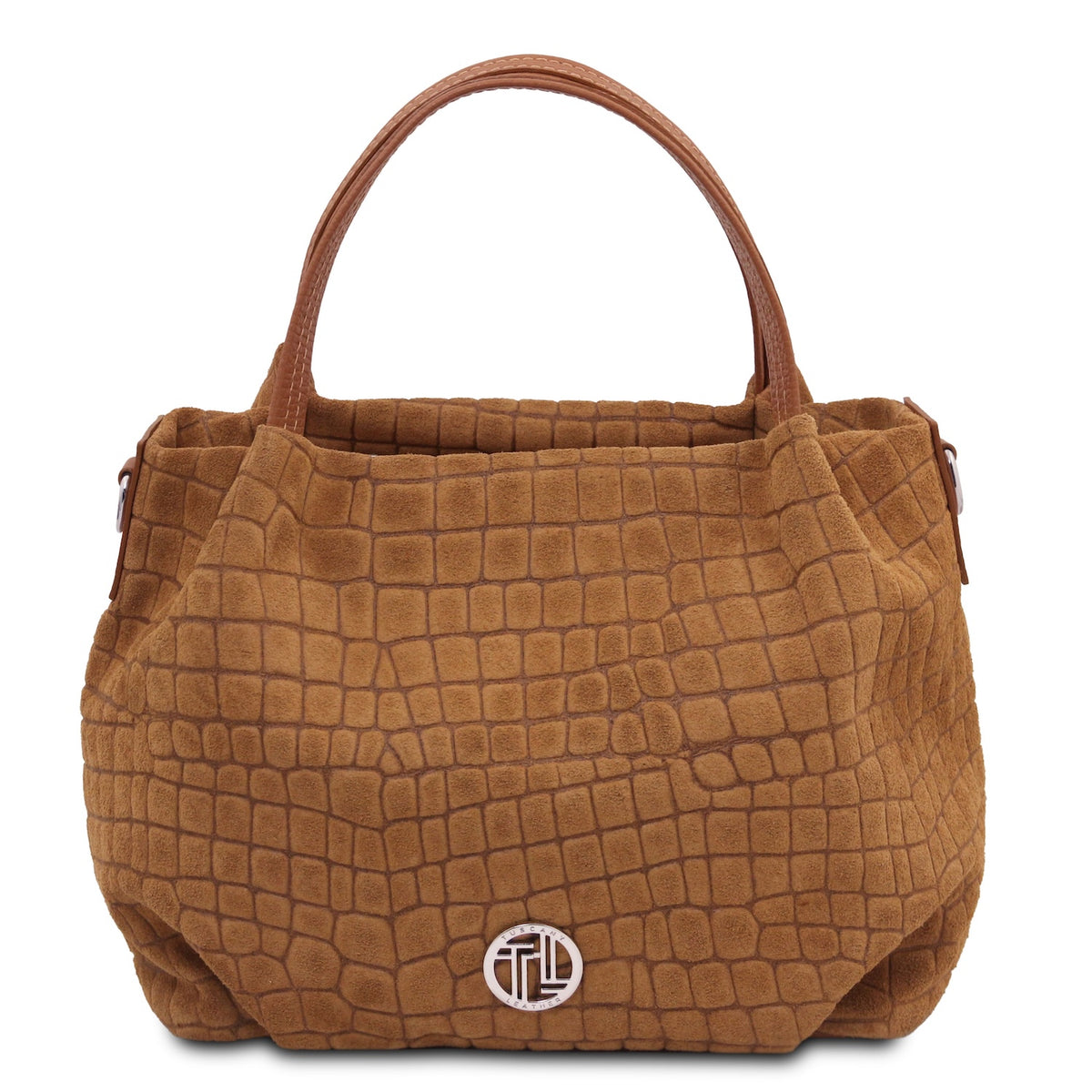 Nora Cocoon - Suede leather handbag with croc print