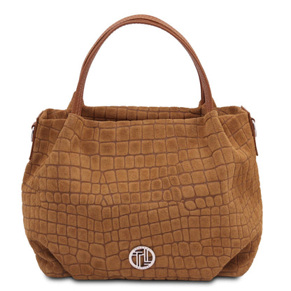 Nora Cocoon - Suede leather handbag with croc print