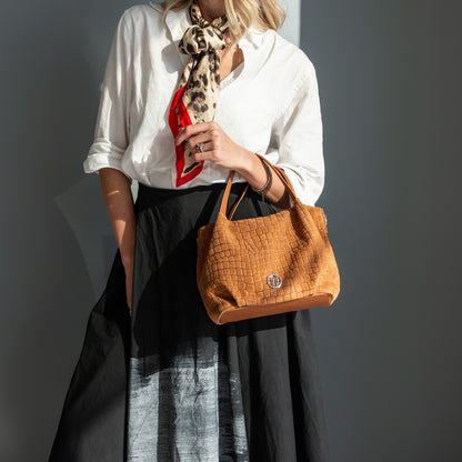 Nora Cocoon - Suede leather handbag with croc print