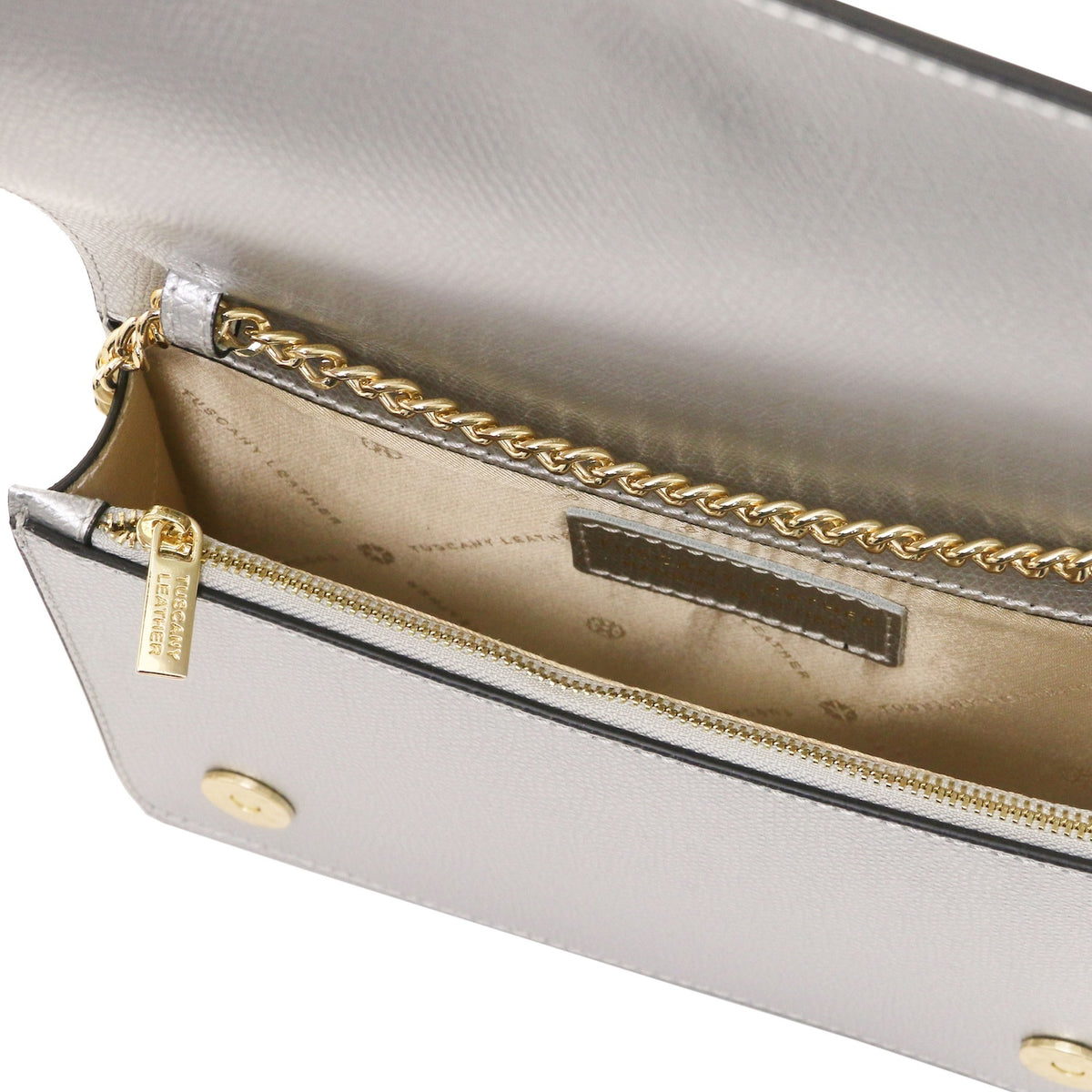 Opera - Leather clutch with chain strap in Palmellato calfskin leather